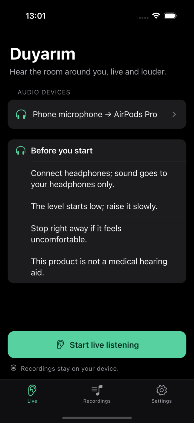 The live listening screen of the Duyarim app.