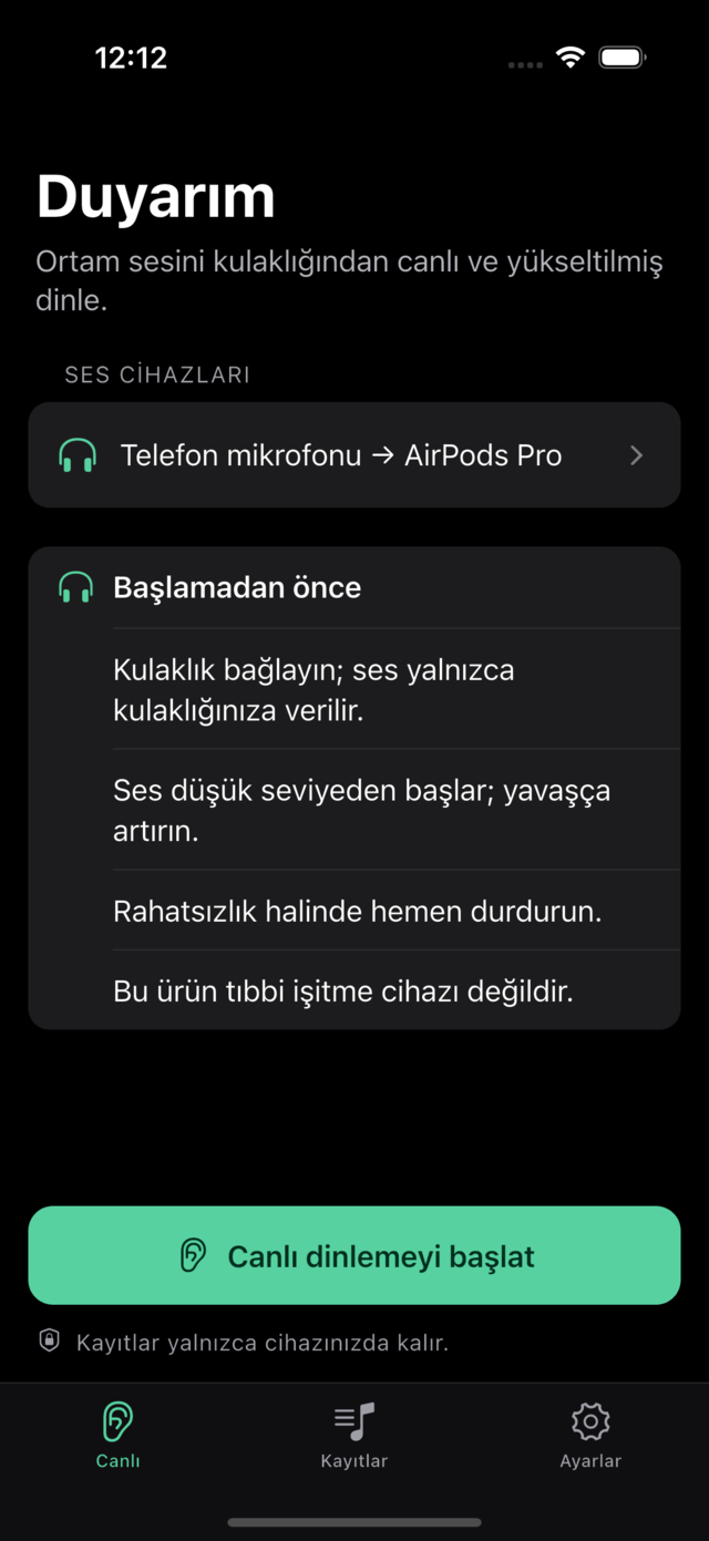 Duyarım uygulamasının canlı dinleme ekranı.